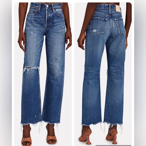 MOUSSY VINTAGE Guilford Wide Straight-Leg Distressed Jeans In Dark Wash Size 27 - Picture 1 of 11